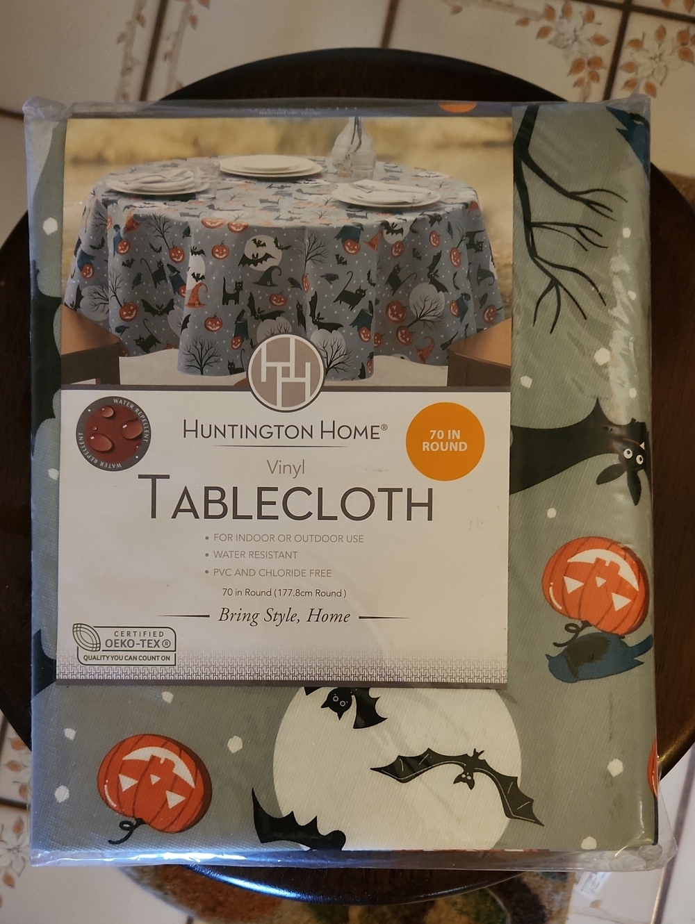 Huntington Home Gray Halloween Vinyl Tablecloth with Pumpkins & Bats